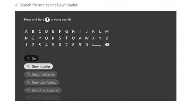 Fire Stick search screen showing Downloader