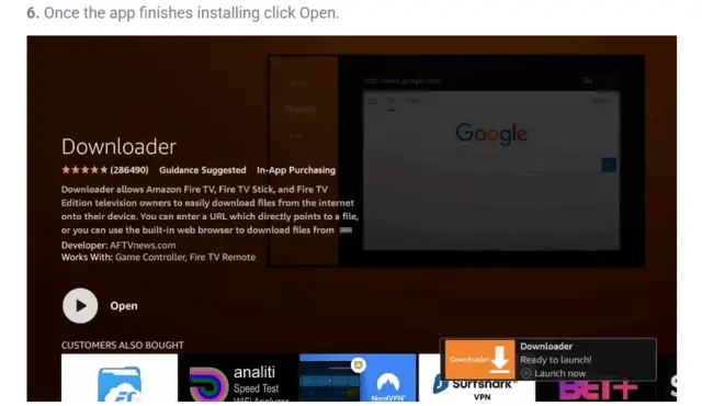 Fire Stick Downloader app page with Open selected