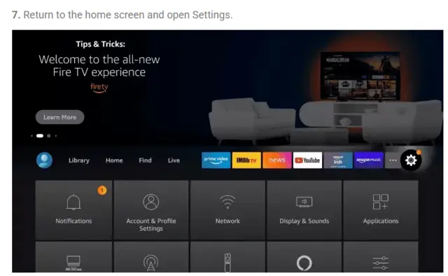 Fire Stick home screen with Settings selected